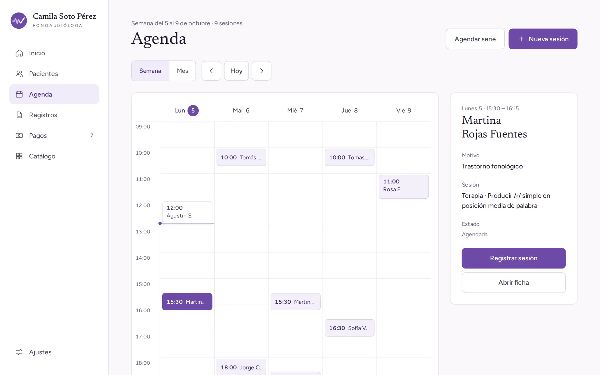 Agenda semanal con las sesiones de la semana
